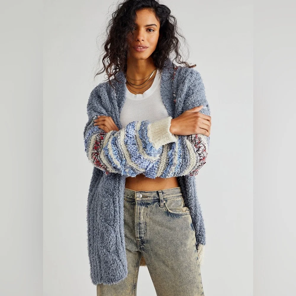 Care Free People Life's Purpose knit woven ribbon trimmed cardigan sweater sz.XS
